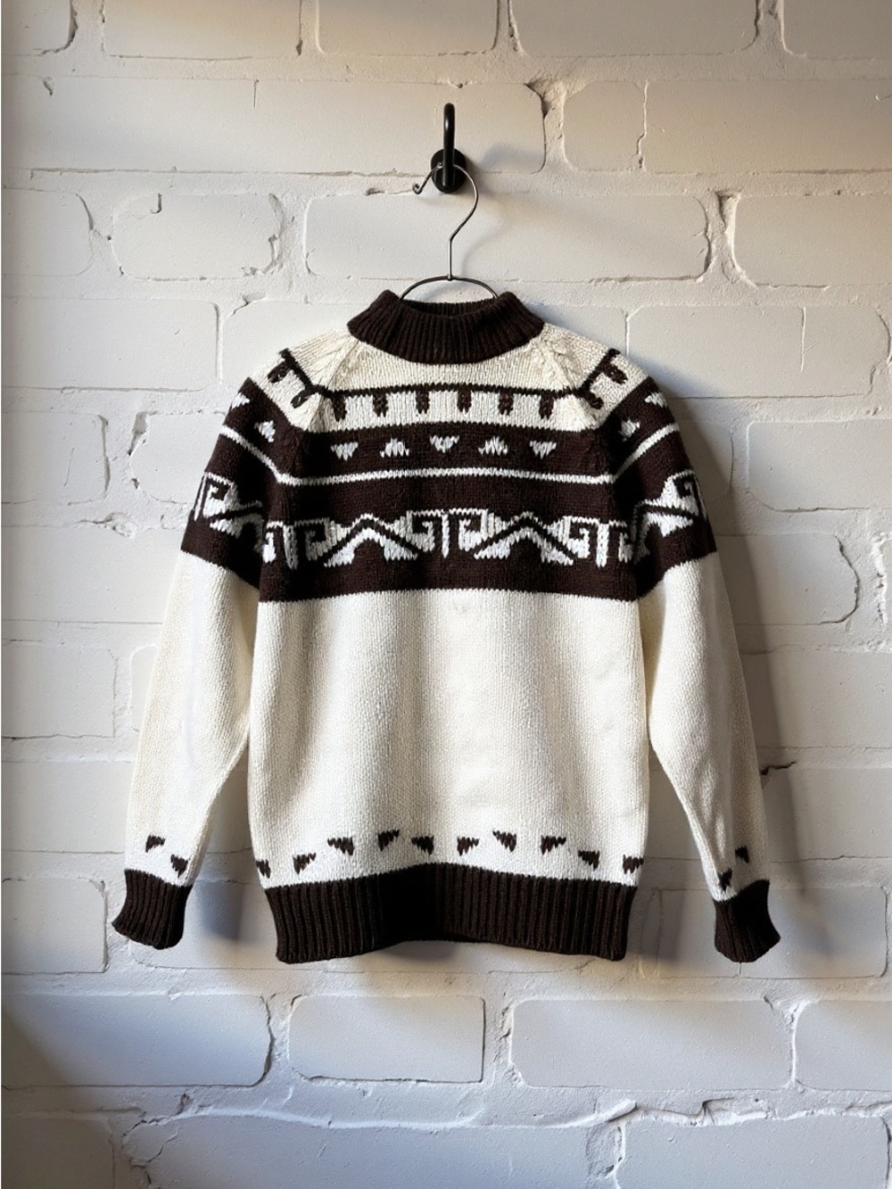 Vtg 60s 70s Hippie Brn Ivory Knit Fair Isle Nordic Ski Pullover Sweater Jumper M